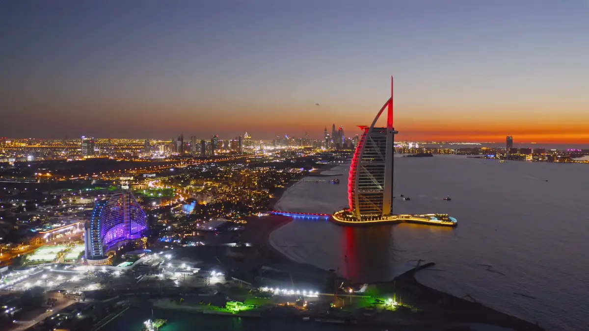 Burj Al Arab colorful lights at night